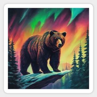 Brown Bear with Forest and Borealis, Colorful, Beautiful Sticker